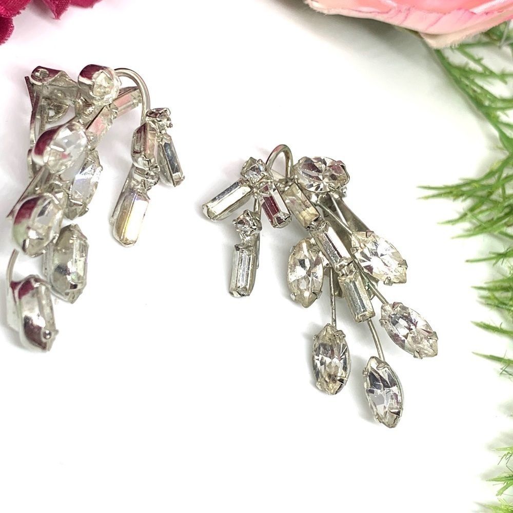 VINTAGE⚜️ART DECO Baguette Crystal Brooch & Clip Earrings Set - Picture 6 of 10